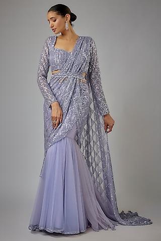 lilac-blue net cutdana & sequins embroidered pre-draped saree set