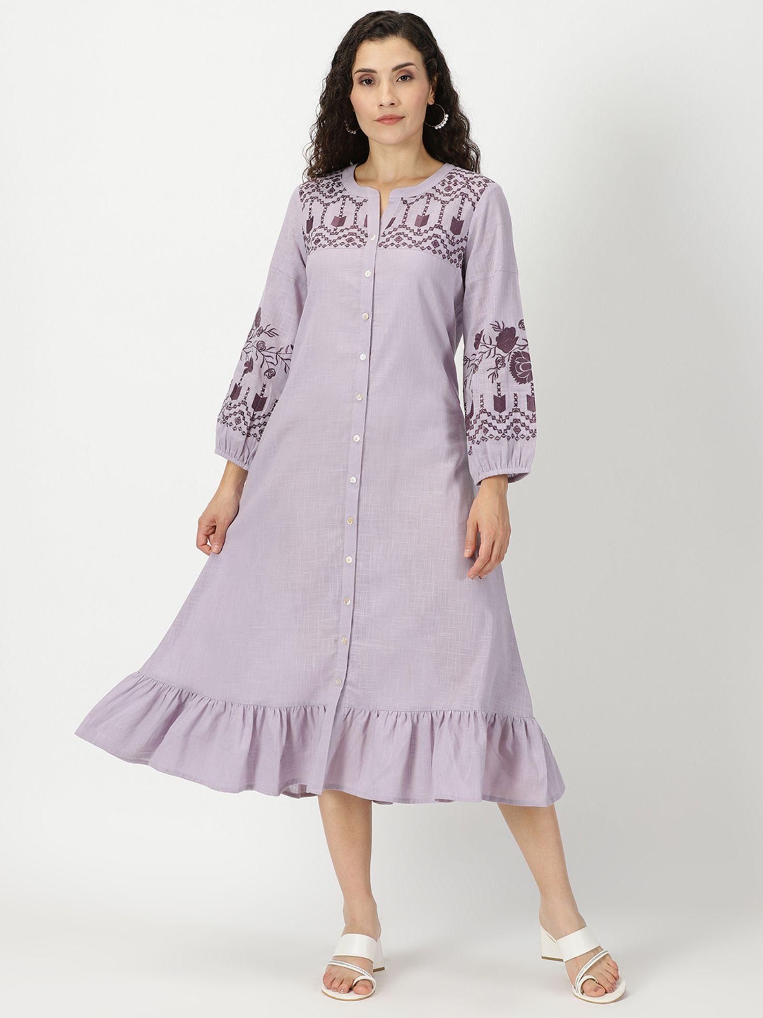 lilac boho midi dress with embroidered details