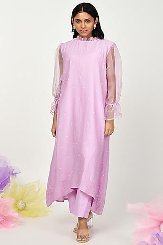 lilac chanderi embroidered high-low kurta set