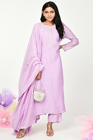 lilac chanderi embroidered kurta set