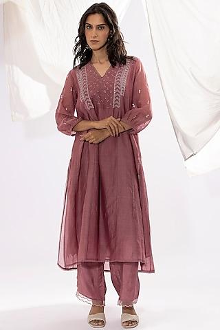 lilac chanderi mul chikankari embroidered kalidar kurta set