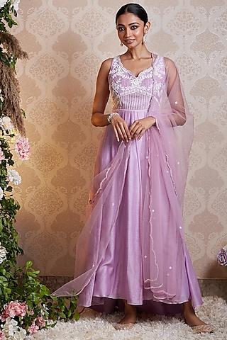 lilac chanderi silk hand embellished anarkali set