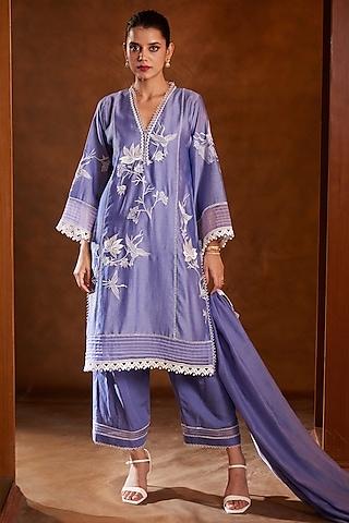 lilac chanderi silk motif embroidered straight kurta set