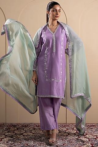 lilac chanderi silk zari & sequins embroidered kurta set