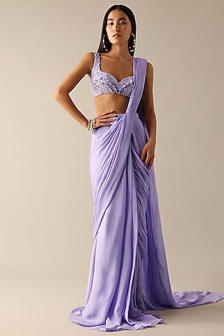 lilac chiffon pre-pleated saree set