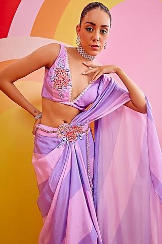 lilac chiffon printed draped saree set