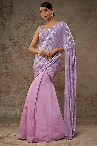 lilac chiffon sequins embroidered textured pre-draped saree set