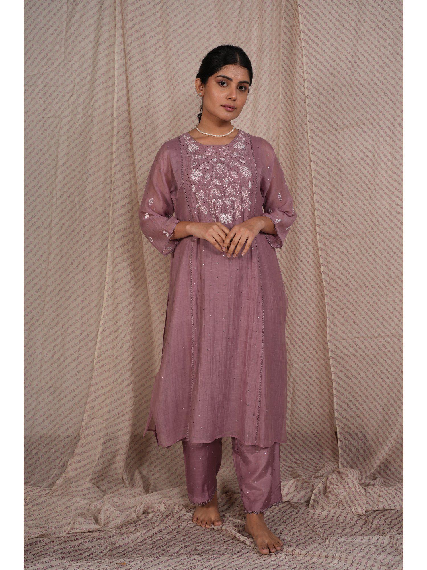 lilac chikan chanderi mul kurta & cotton silk pant (set of 2)