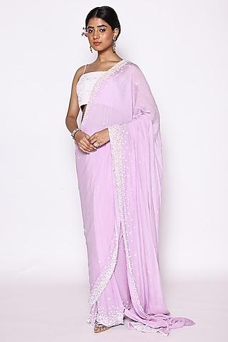 lilac chinon sequins & beads embroidered pre-stitched saree set