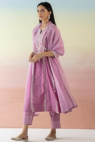 lilac cotton chanderi kurta set