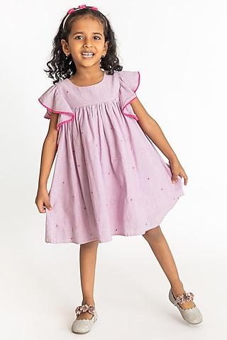 lilac cotton embroidered striped a-line dress for girls