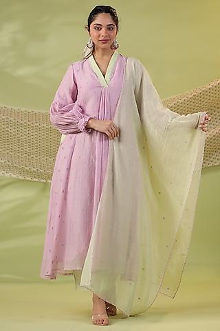 lilac cotton silk beads embroidered kurta set