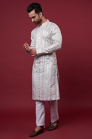 lilac cotton silk embroidered kurta set