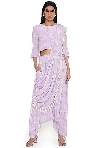 lilac crepe printed draped dhoti saree set