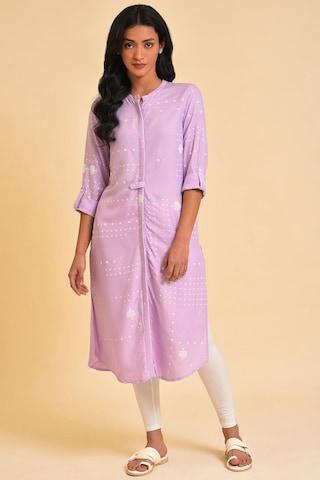 lilac dots casual mandarin full sleeves women regular fit kurta