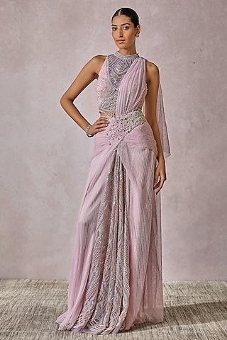 lilac dotted crinkle pearl embroidered draped saree set