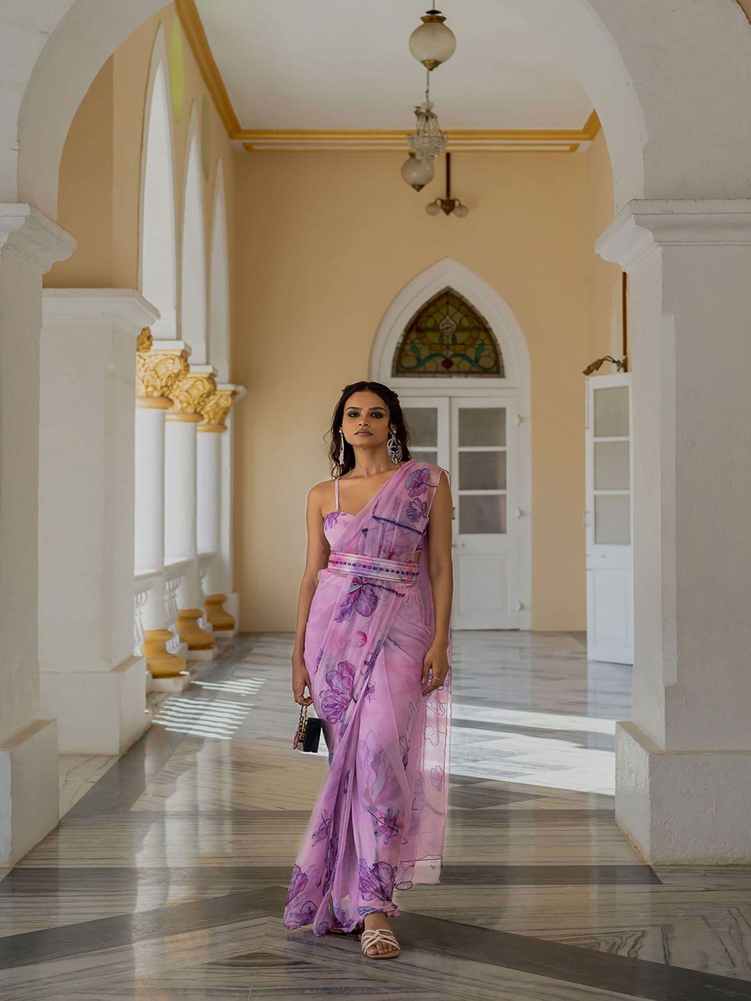 lilac dragonfly saree with embroidered belt & stitched blouse