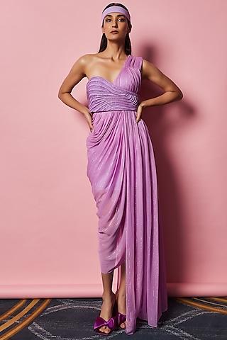 lilac draped gown in lurex