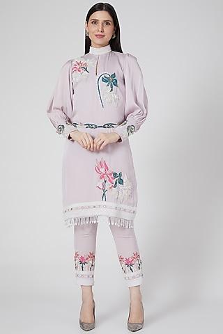 lilac embroidered a-line kurta set