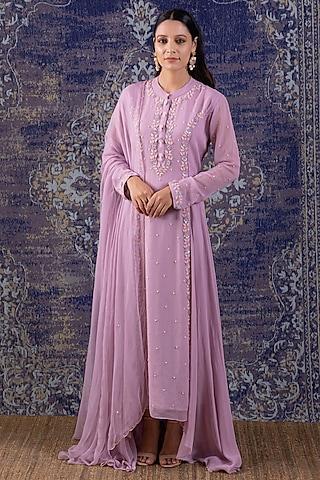 lilac embroidered asymmetrical anarkali with dupatta