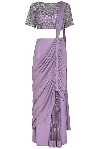 lilac embroidered drape saree set