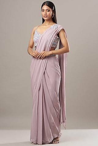 lilac embroidered draped saree set