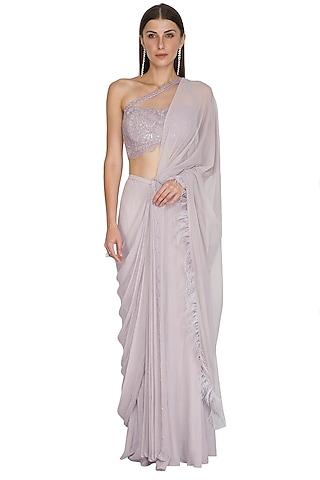 lilac embroidered draped saree set