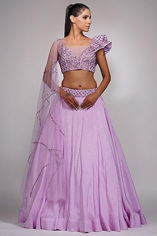 lilac embroidered lehenga set with attached drape