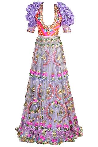 lilac embroidered leheriya lehenga set