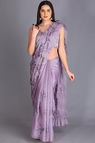 lilac embroidered ruffled saree set