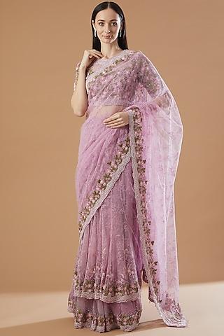 lilac embroidered saree set