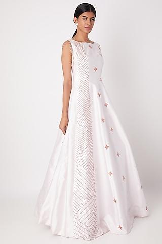 lilac embroidered shoulder panel gown