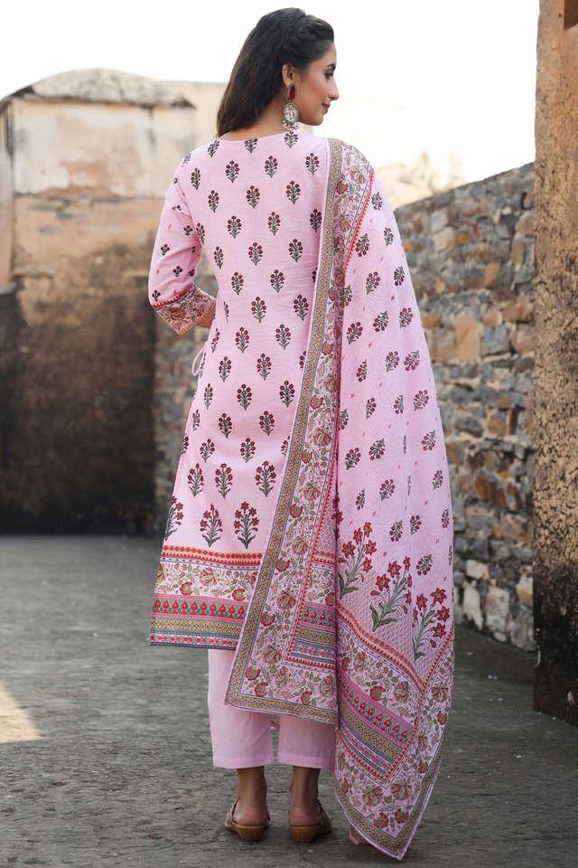 lilac ethnic motif printed pure cotton kurta, pants _ kota doria dupatta set with beads _ sequins