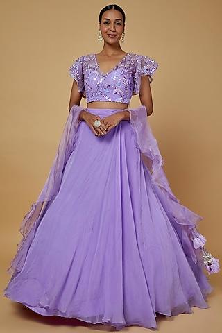 lilac fancy fabric ruffled lehenga set