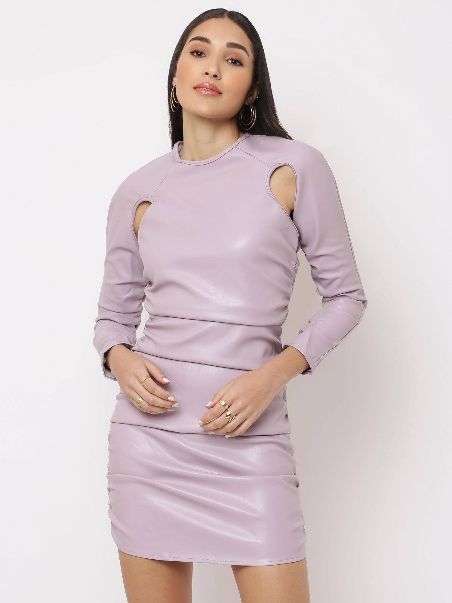 lilac faux leather cut out armhole ruched mini dress