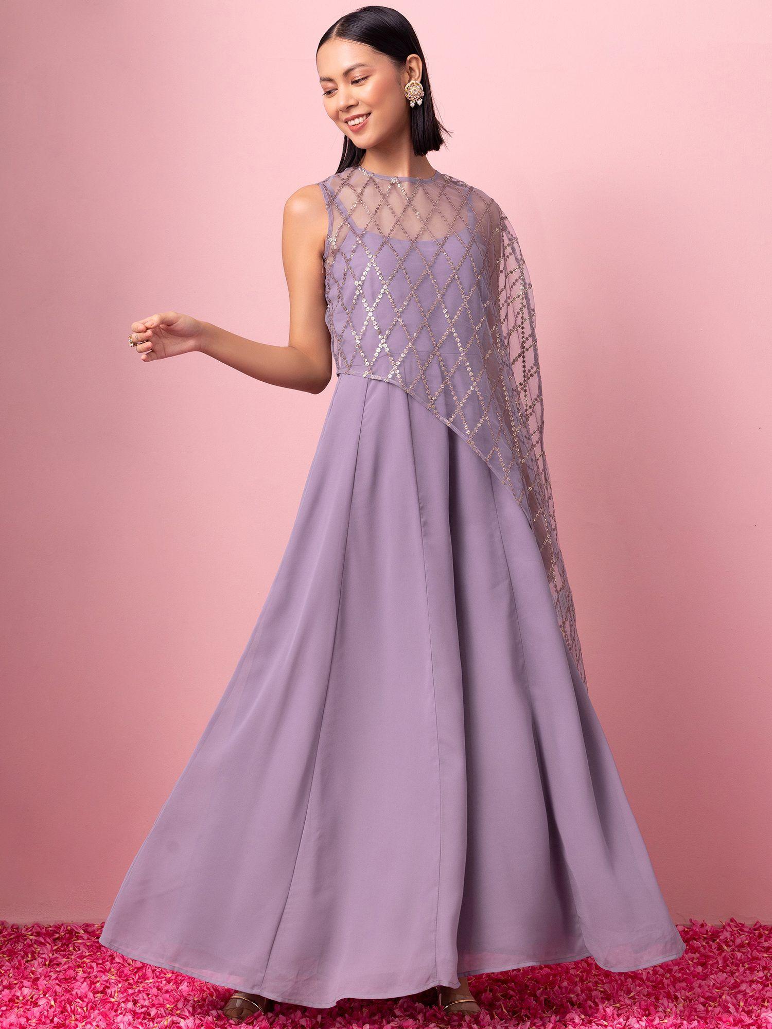 lilac flared jumpsuit with sequin embellished cape