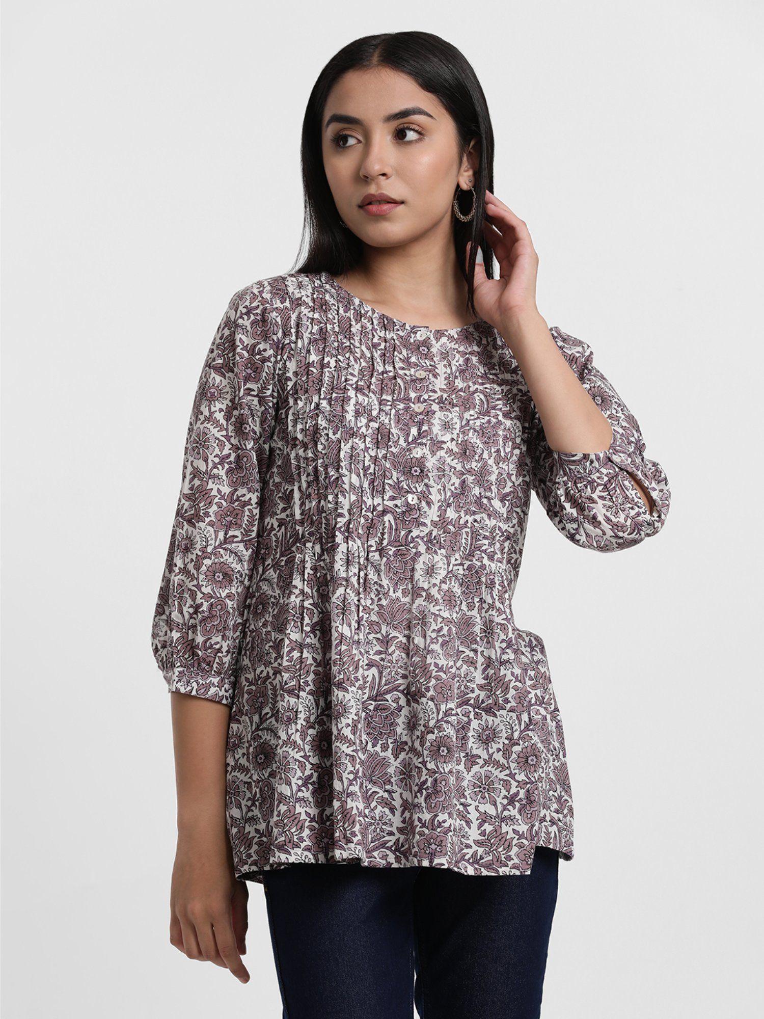 lilac floral printed pleated cotton tunic