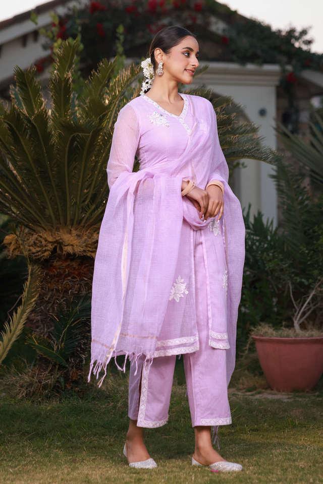 lilac floral printed pure cotton kurta palazzos _ kota doria dupatta with beads work