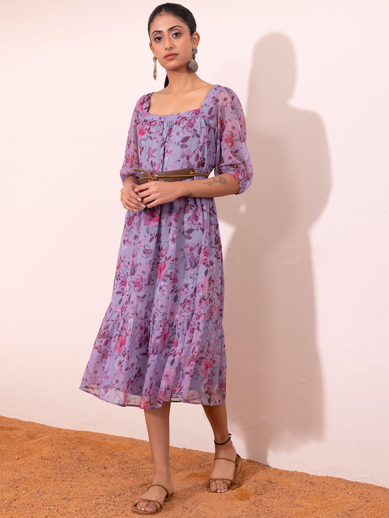 lilac floral puff sleeve tiered midi dress with tan belt (set of 2)