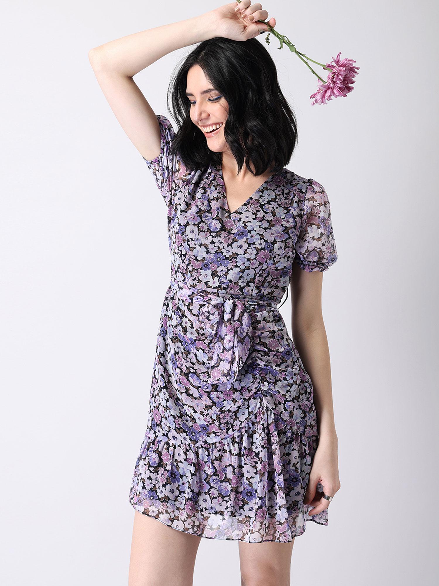 lilac floral ruched belted dress