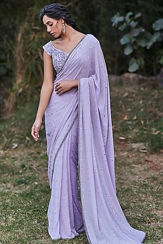 lilac georgette crystal hand embroidered saree set