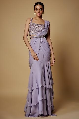 lilac georgette draped saree set