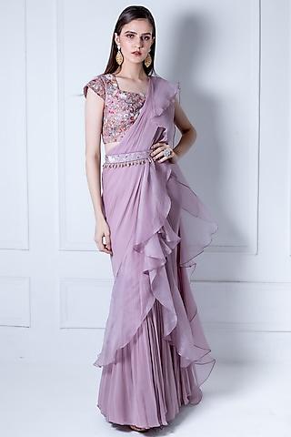 lilac georgette embroidered pre-draped saree set