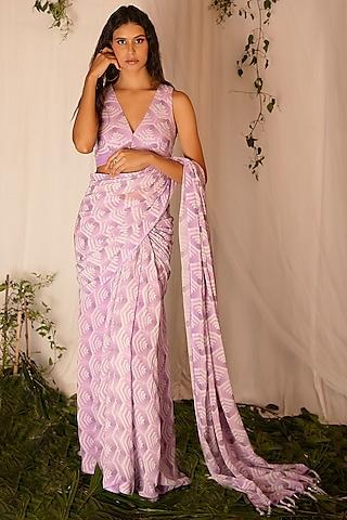 lilac georgette geometric printed draped saree set