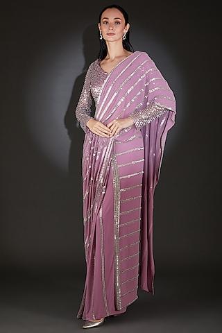 lilac georgette metallic beads embellished draped saree set