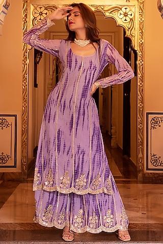 lilac georgette sequins embellished leheriya kurta set