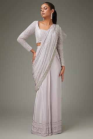 lilac grey crepe embellished ruffled draped saree set