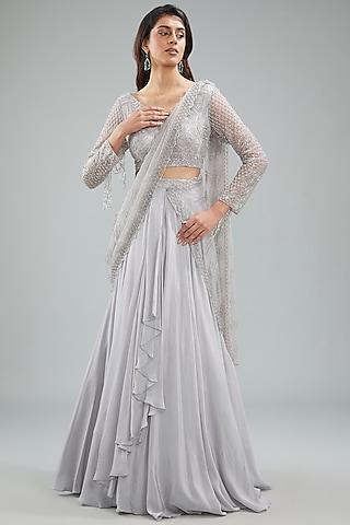 lilac grey crepe hand embroidered draped skirt saree set