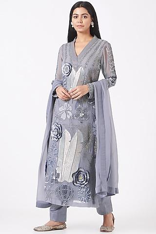 lilac grey embroidered tunic set