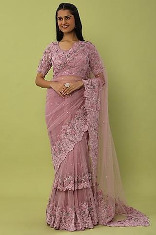 lilac hand embroidered layered saree set